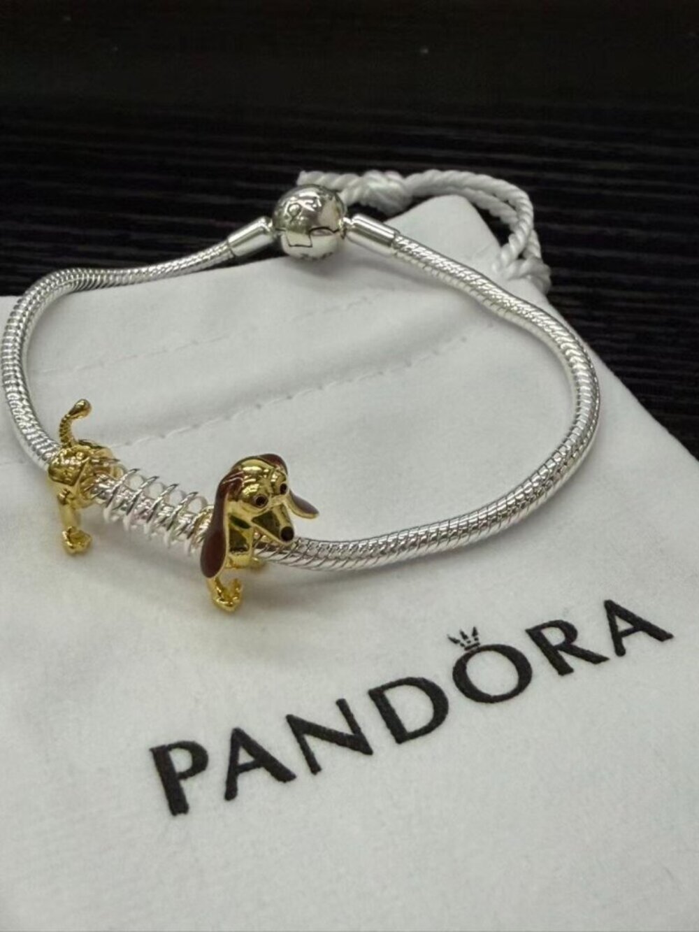 Pandora Two-Tone Dachshund Dog Bead Charm Snake Bracelet Set